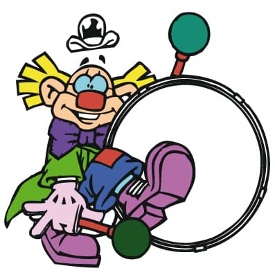 Le clown à la grosse caisse, mascotte du carnaval, sur l'écran d'une télévision vintage